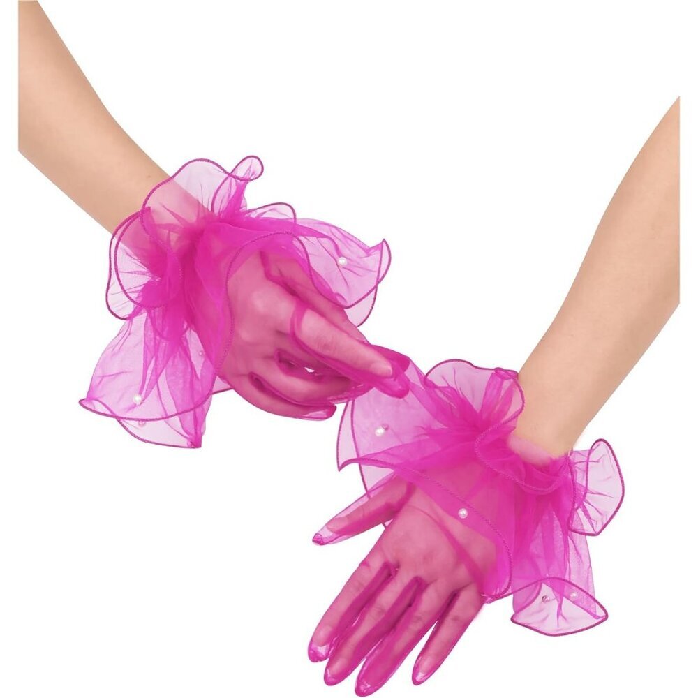Women's Formal Evening Hot Pink Short Mesh Tulle Gloves Wedding Party Costume